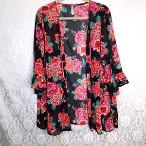 Exhilaration floral sheer kimono with 3/4 sleeves w/ ruffle XXL